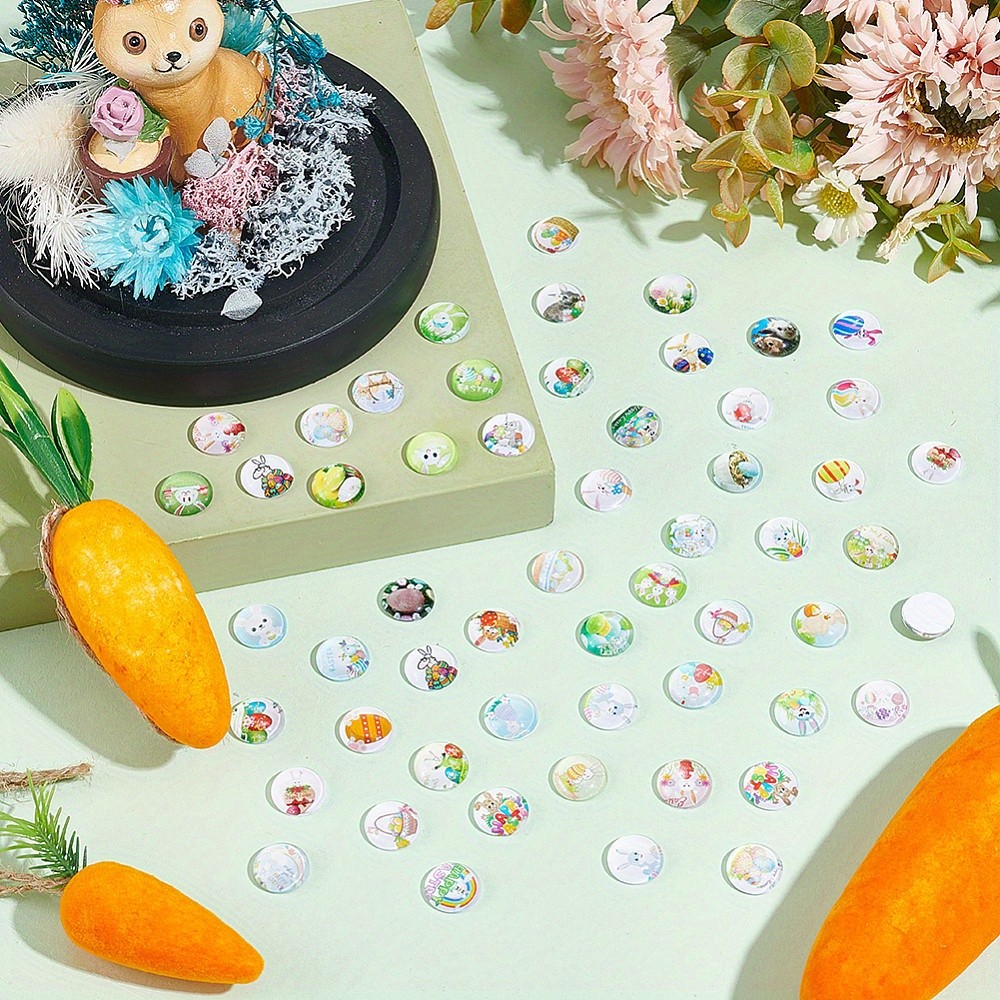 1box 100pcs Easter Rabbit Eggs Glass Cabochons 50 styles 12mm Half