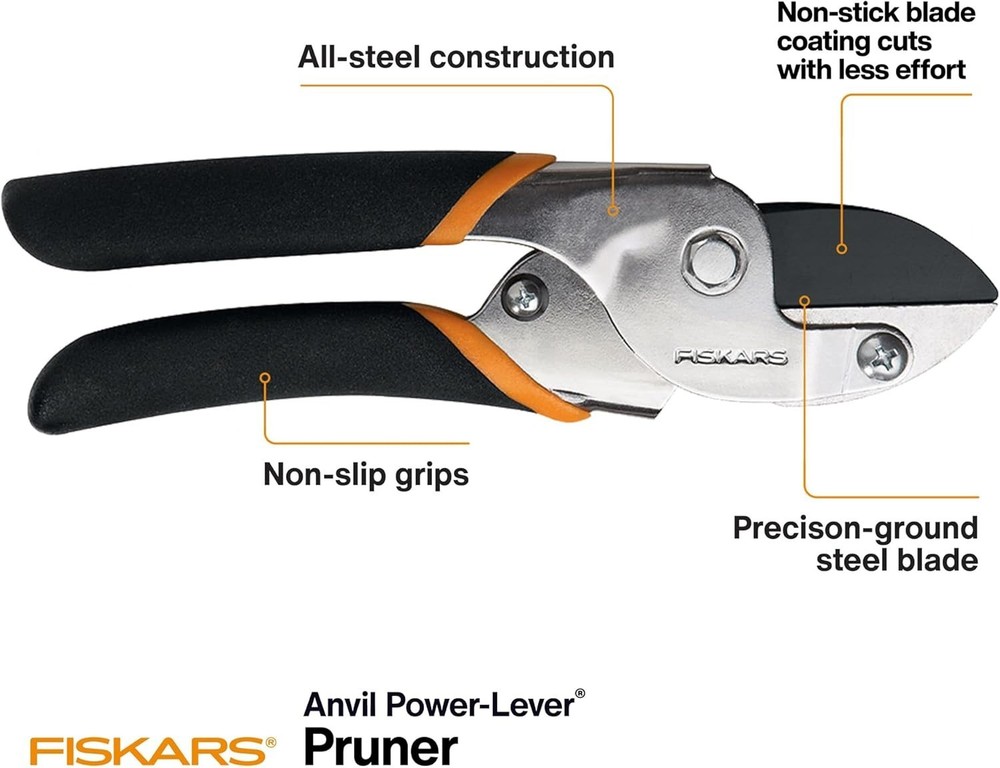 Fiskars # 9110 Anvil Pruner with Power Lever Technology- Non-stick Blade Coding