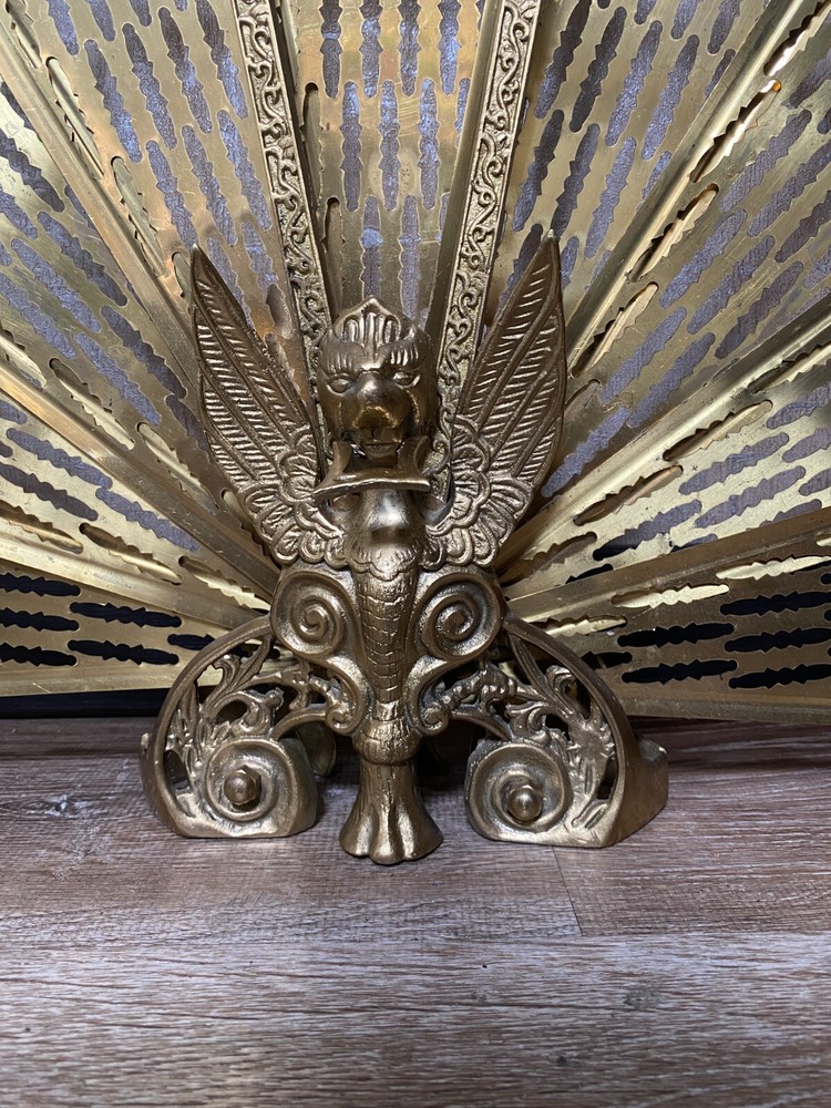 Antique Fire Screen Griffin Peacock Folding Brass Fire Guard
