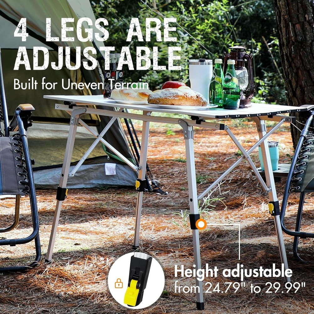 Extra Large Portable Aluminum Folding Camping Table - Adjustable Height, Silver