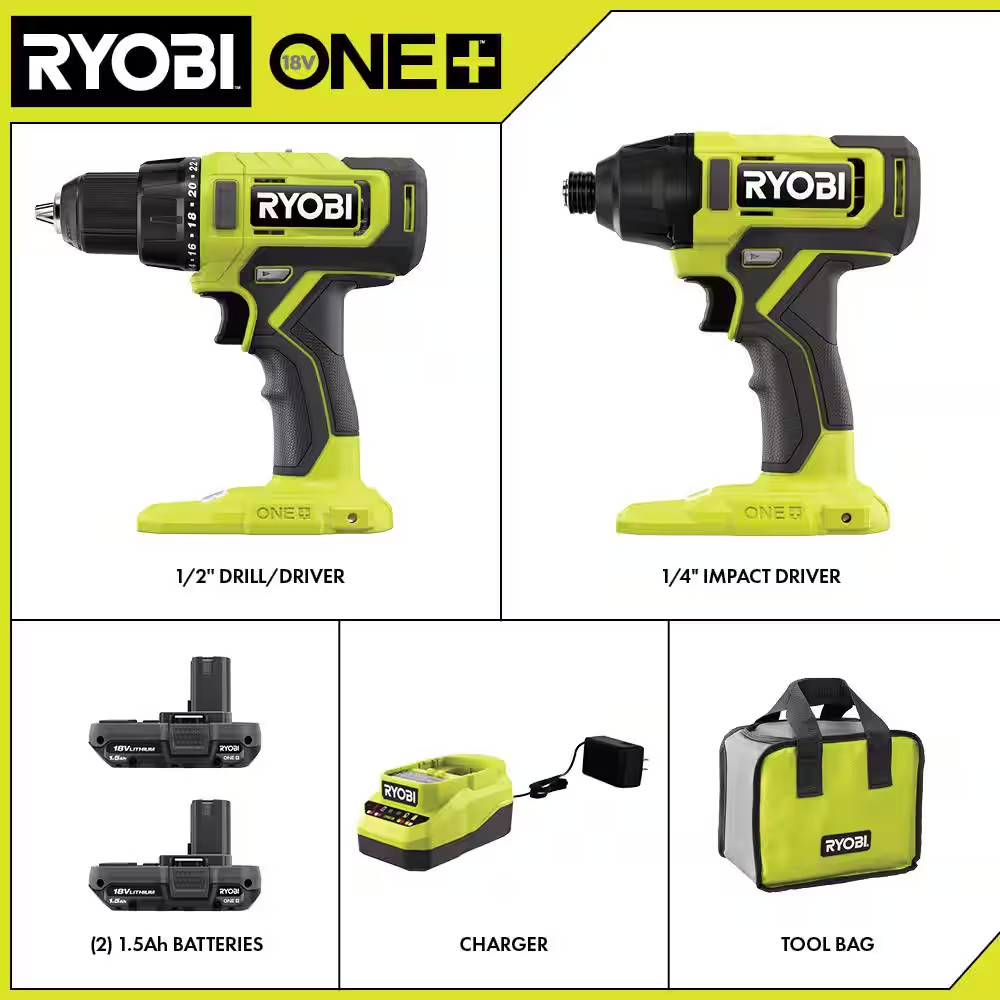 ONE+ 18V Cordless 2-Tool Combo Kit with Drill/Driver, Impact Driver, (2) Batteri