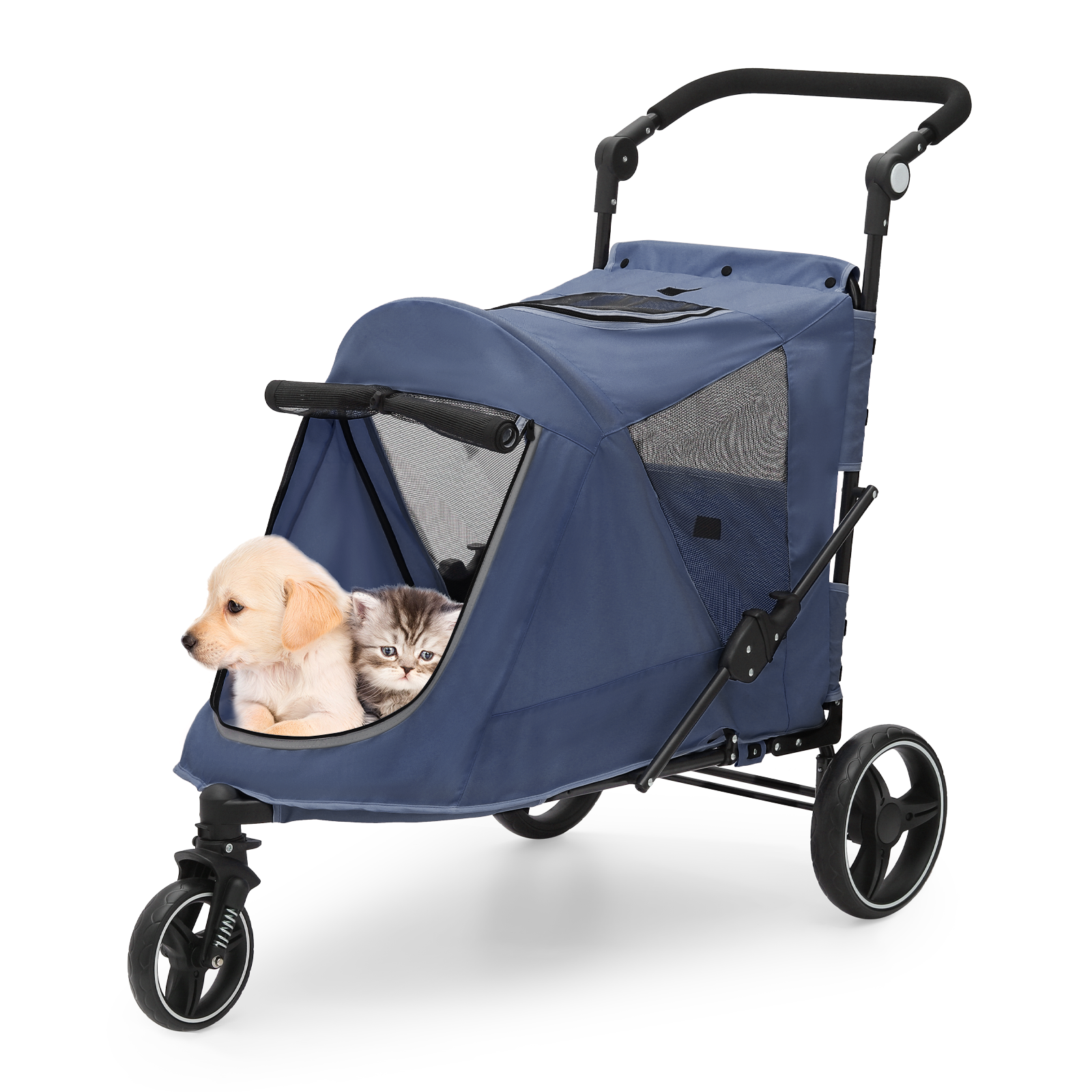 Folding Dog Stroller Blue Portable Pet Travel Carrier Cart w/Foot Activated Lock