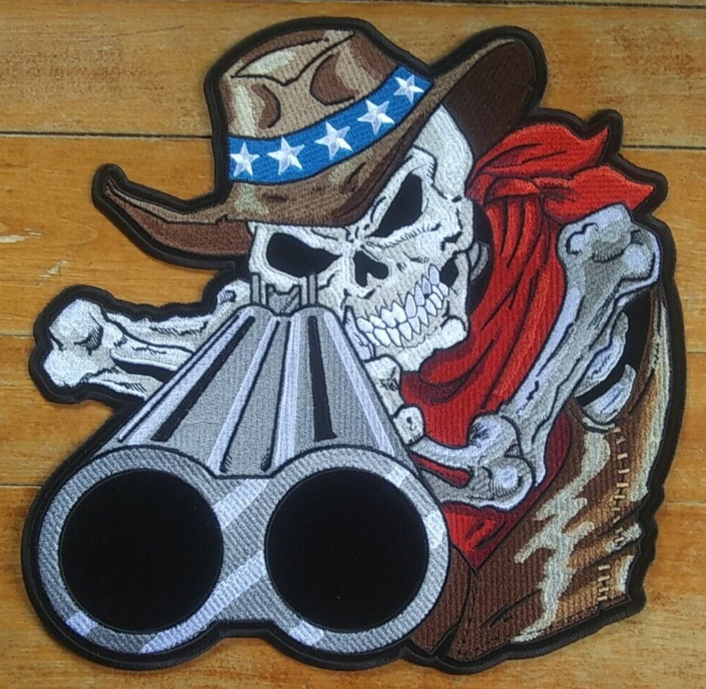 Large Embroidered Back Patch ~ Shotgun Cowboy Skeleton Biker Jacket PATCH