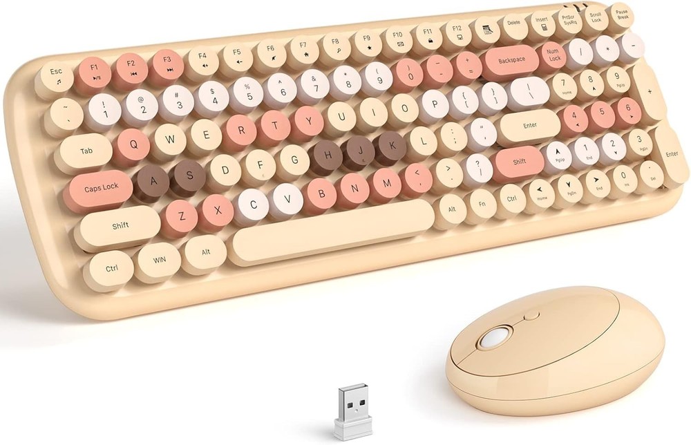 Milk-Tea Color Retro Wireless Keyboard & Mouse Set for Stylish Workspaces