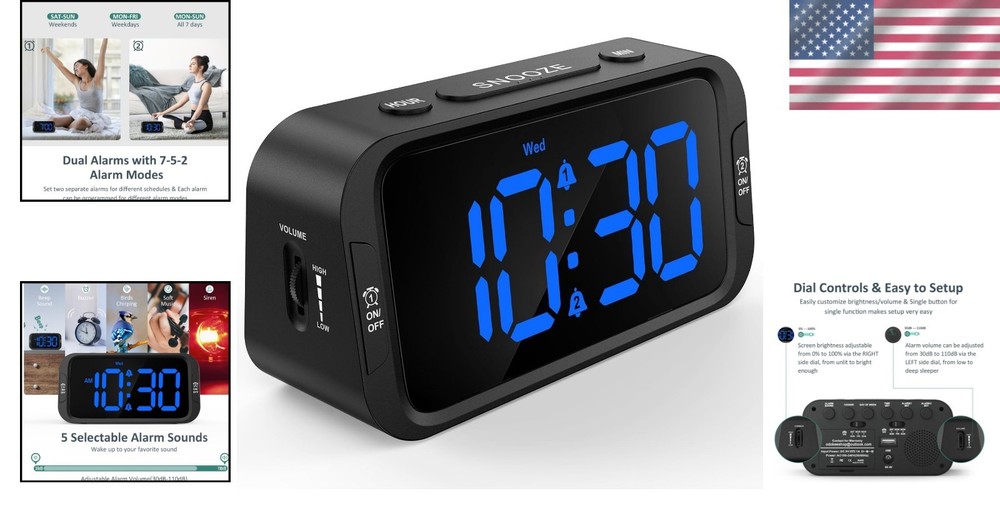 Versatile USB Charging Alarm Clock with Compact Design & Dimmer – Black/Blue LED