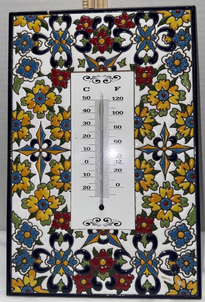 CEARCO CERAMIC HAND PAINTED FLORAL INDOOR ROOM THERMOMETER SPAIN