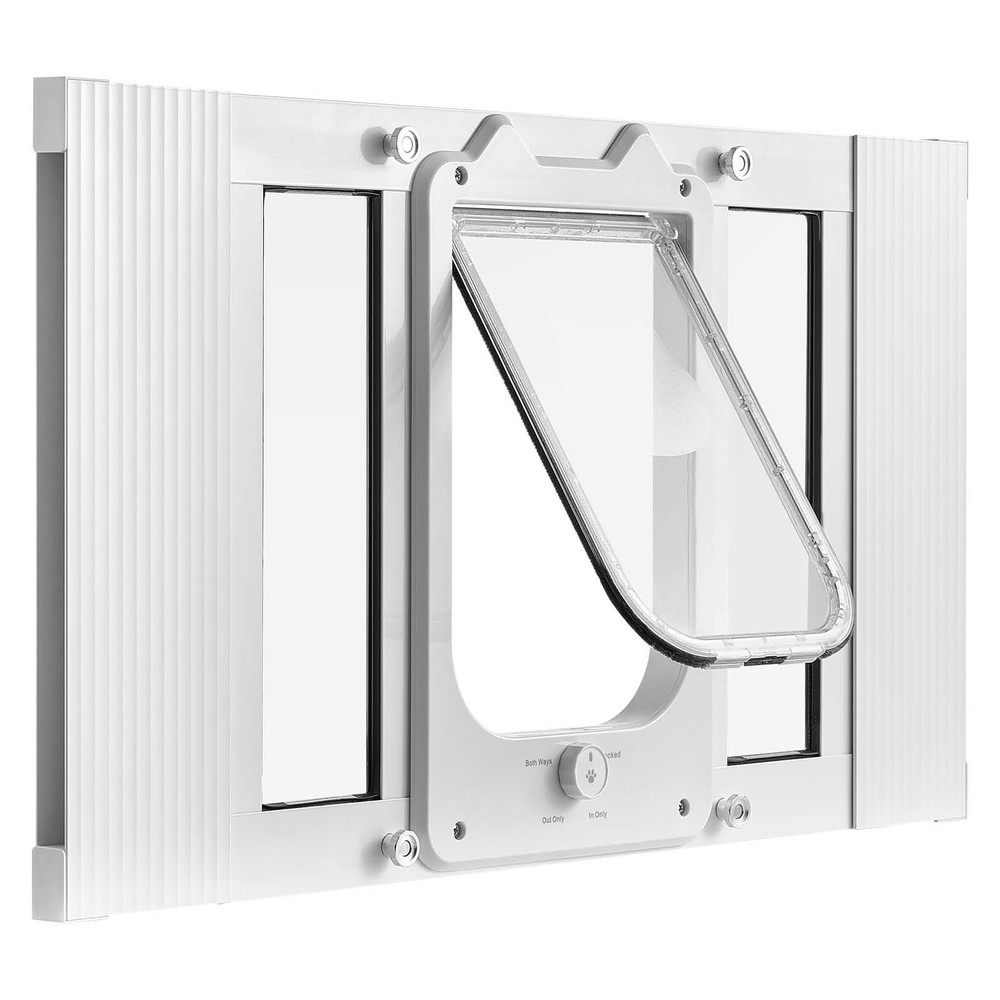 Cat Door for Window, Adjustable to Fit Window Width 23"-28", 4 Secure Lock Modes