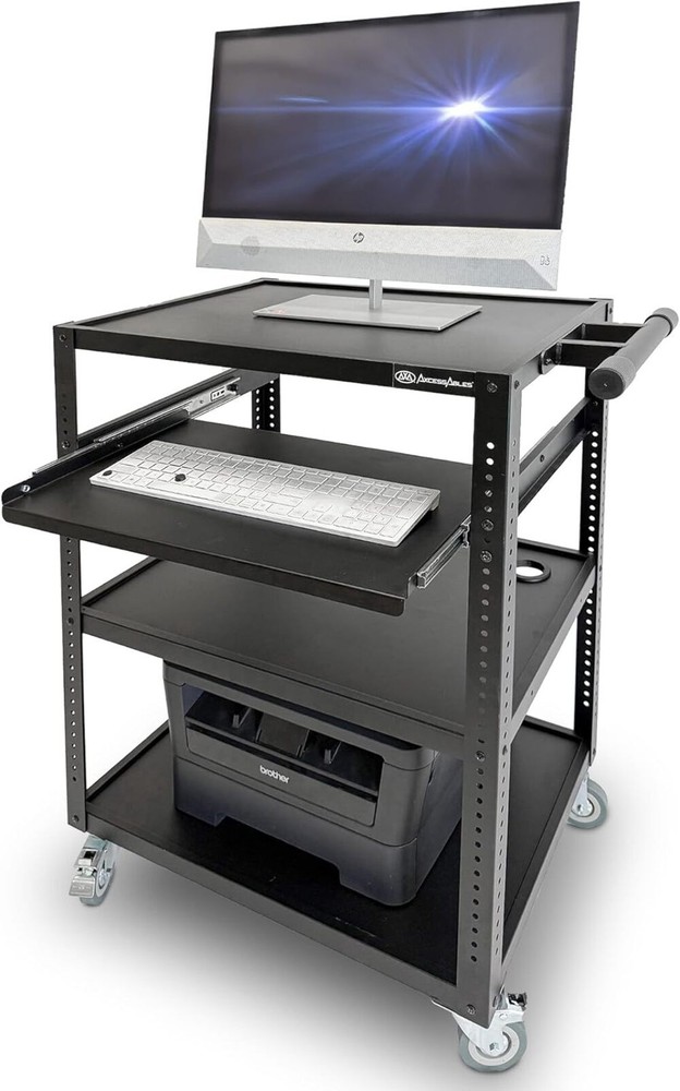 AxcessAbles Mobile AV Utility Cart with Locking Casters & Pullout Keyboard Tray