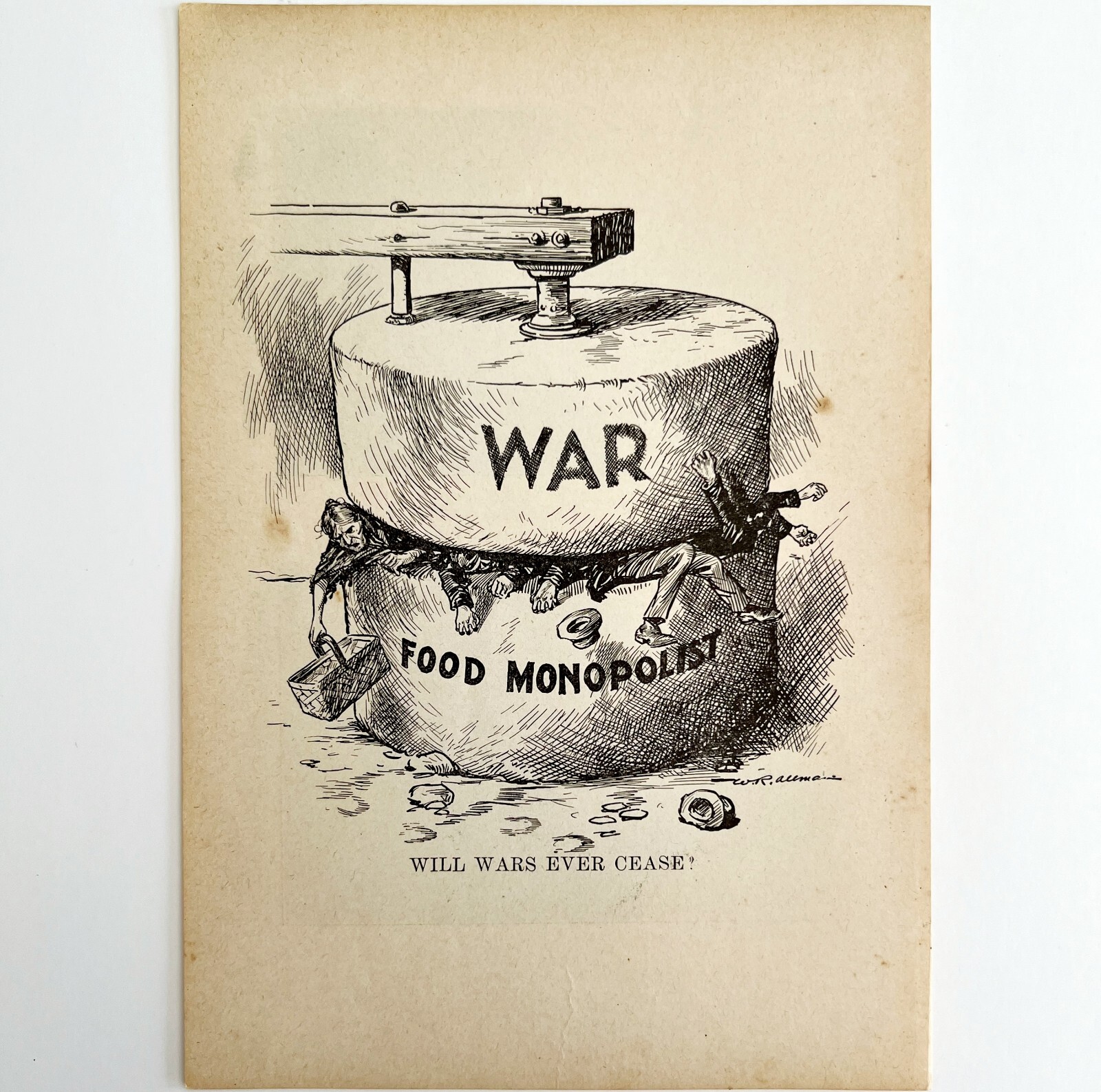 1914 WW1 Print War Food Monopoly Drawing Antique Military Period Collectible