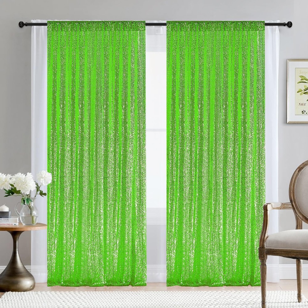 Green Sequin Backdrop Curtains 2 PCS Panels 28ft Total Width Glitter Fabric