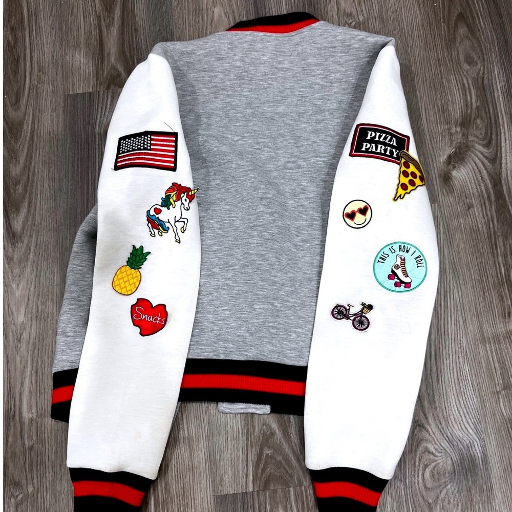 Crafted Forever 21 Womens Patch Varsity Bomber Jacket Grey White Snap Front M