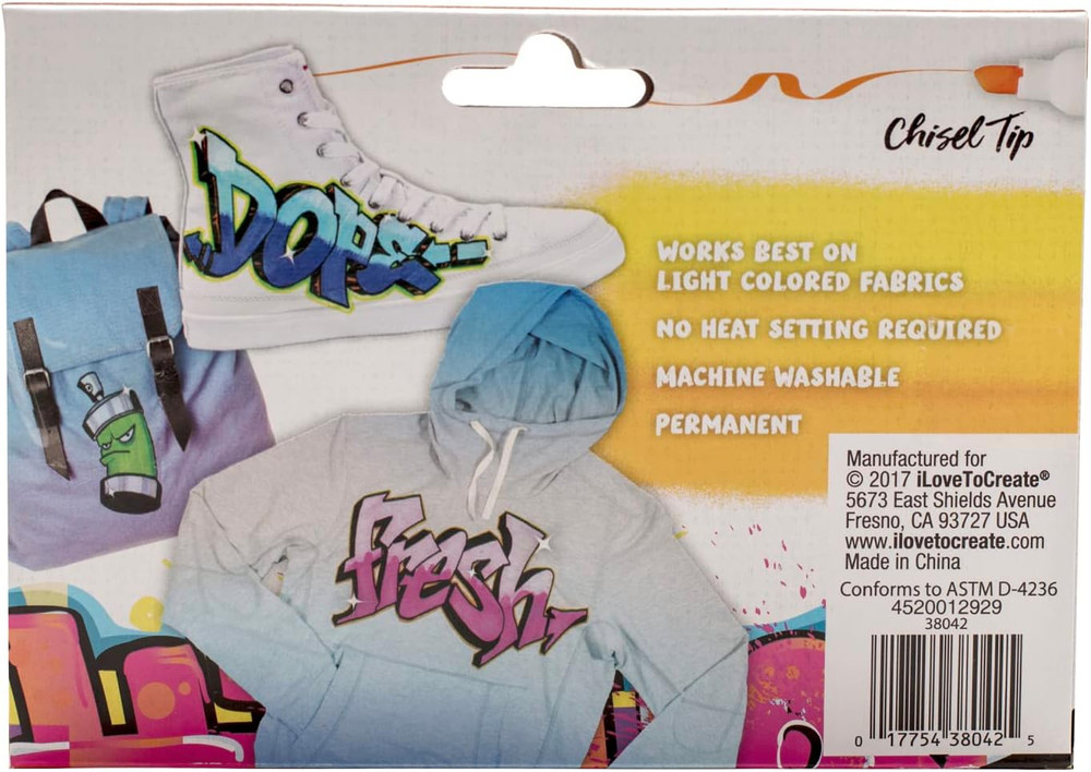 Graffiti Fabric Markers Chisel Tip 6Pk, Rainbow, Premium Quality Ink, Permanent,