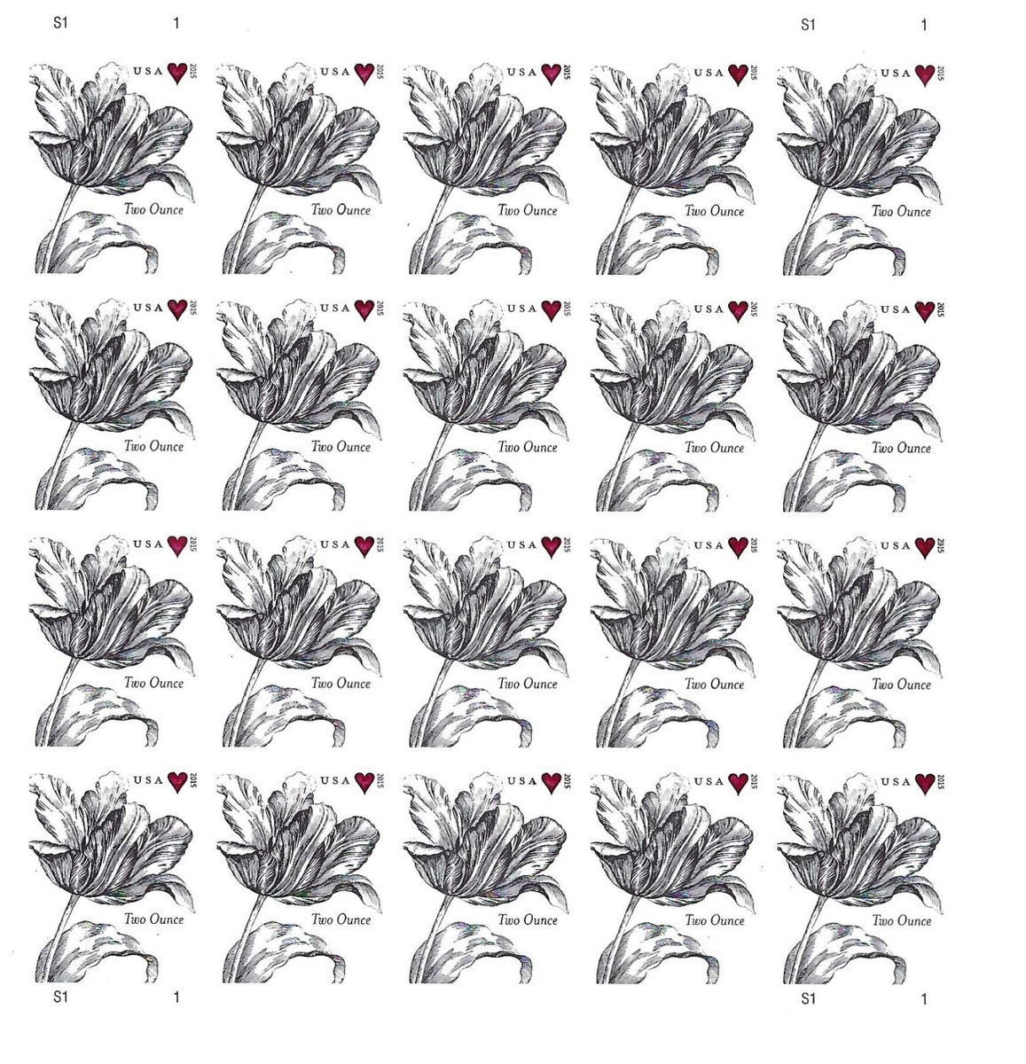 2015 USPS SHEET OF 20 TWO OUNCE STAMPS VINTAGE WEDDING TULIP $1.07