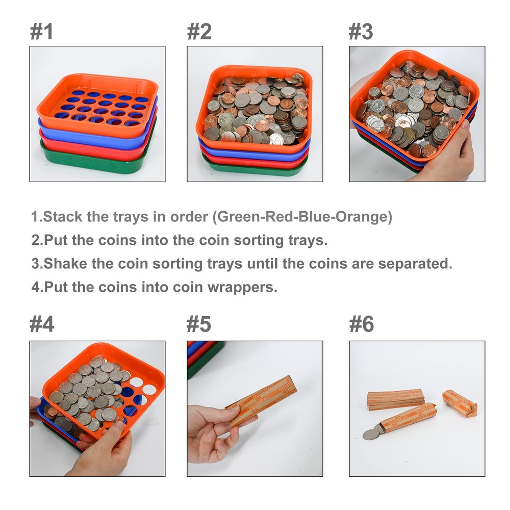 ESSENTIAL Coin Sorters Tray, 4 Color-Coded Sorting Tray with 160...