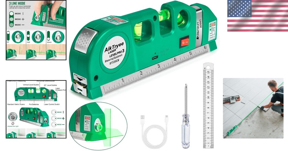 Precision Laser Level Tool with USB Rechargeable, Cross Line & Vertical Modes