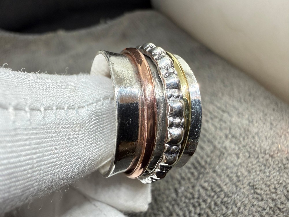 Solid 925 Sterling Silver Boho Multi-Metal Spinner Textured Fidget Band Ring
