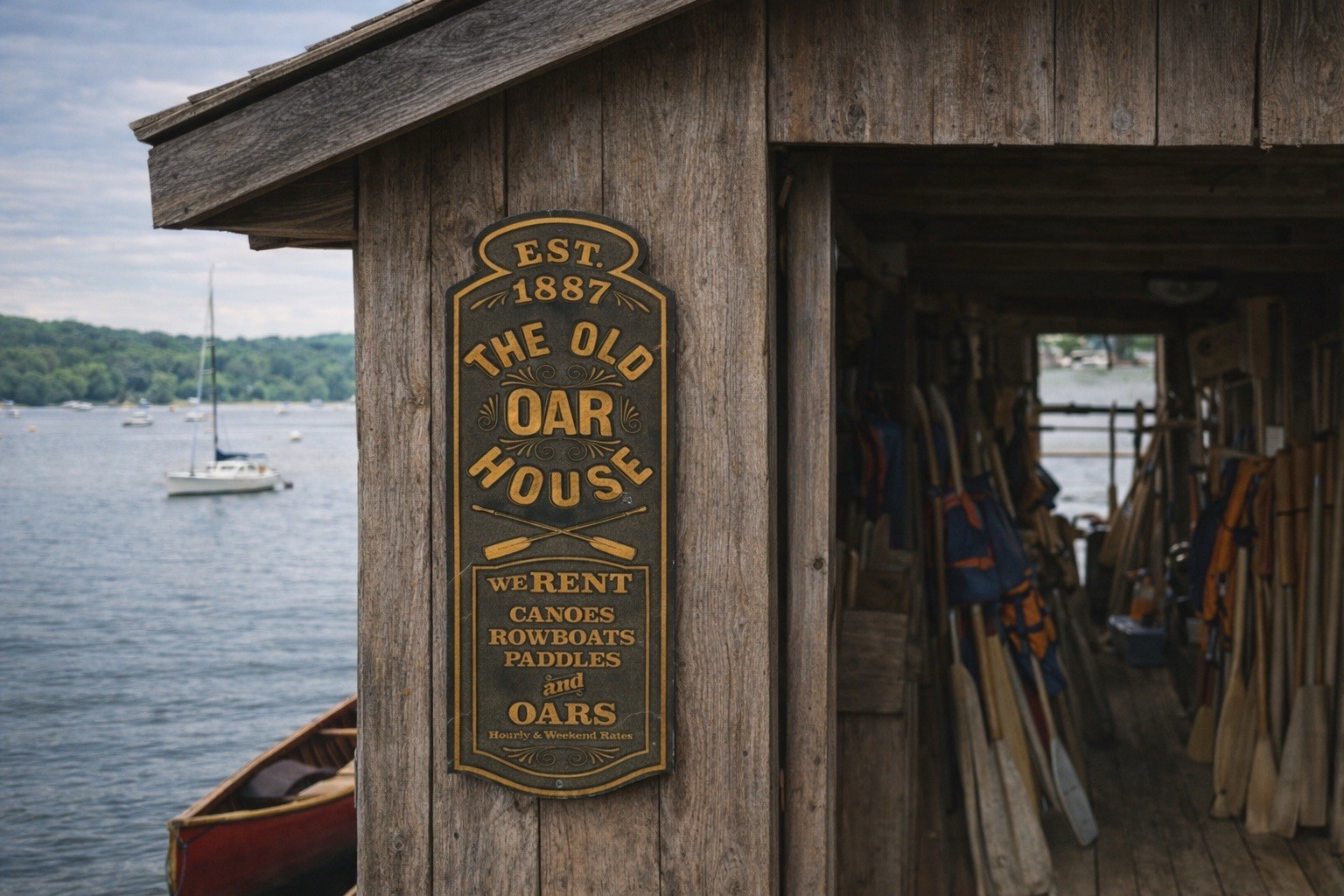 Turn-Of-The-Century Black Sand Smalts Boat/Canoe Rental Sign “THE OLD OAR HOUSE”