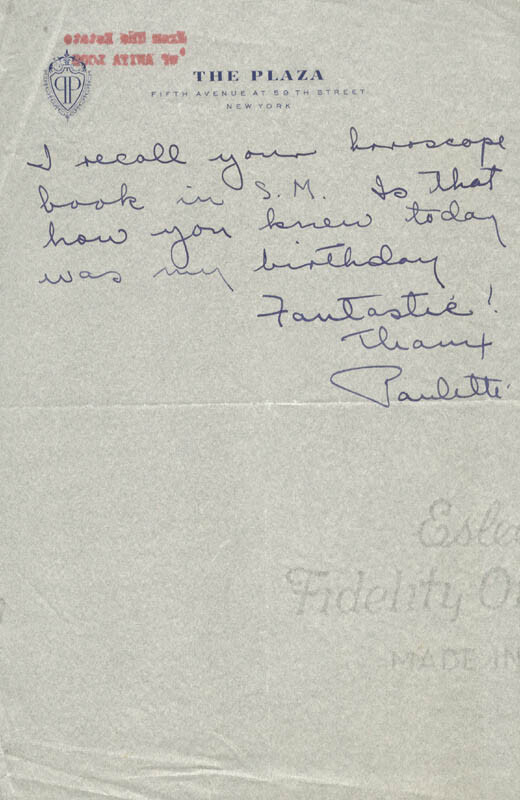 PAULETTE GODDARD - AUTOGRAPH NOTE SIGNED