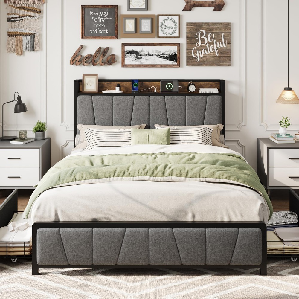 Queen Size Bed Frame Headboard Platform Bed Frame w/Drawers & Charging Station