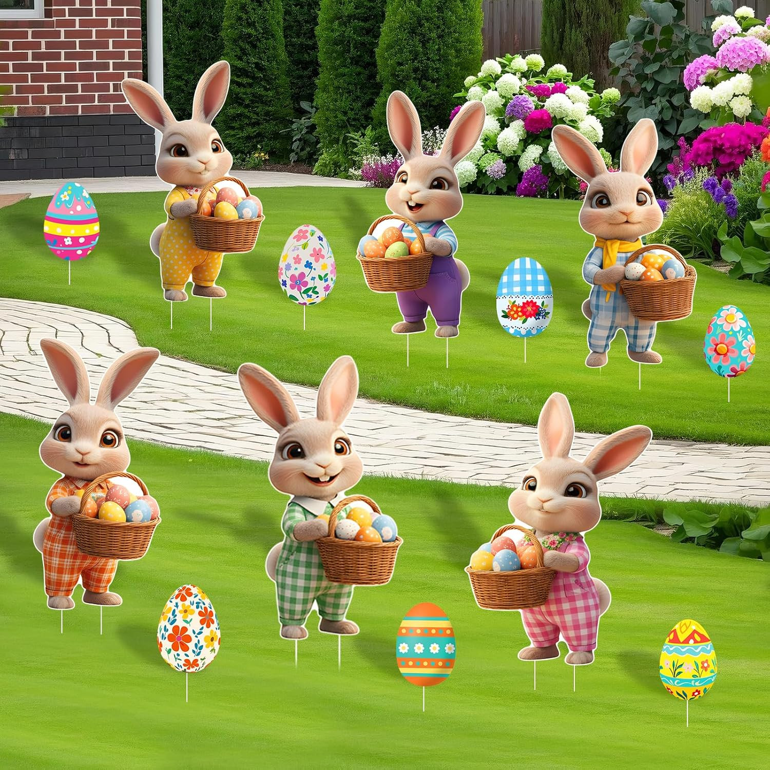 16PCS Easter Bunny Eggs Yard Signs Outdoor Lawn Decorations