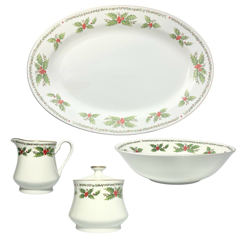 4-Piece Christmas “Holly” Porcelain Dinnerware Serving Hostess Set, Centurion