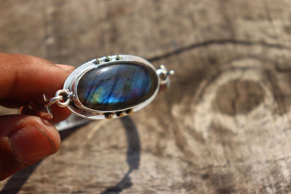 Labradorite Gemstone Beautiful 925 Sterling Silver Adjustable Round Bangle PG359