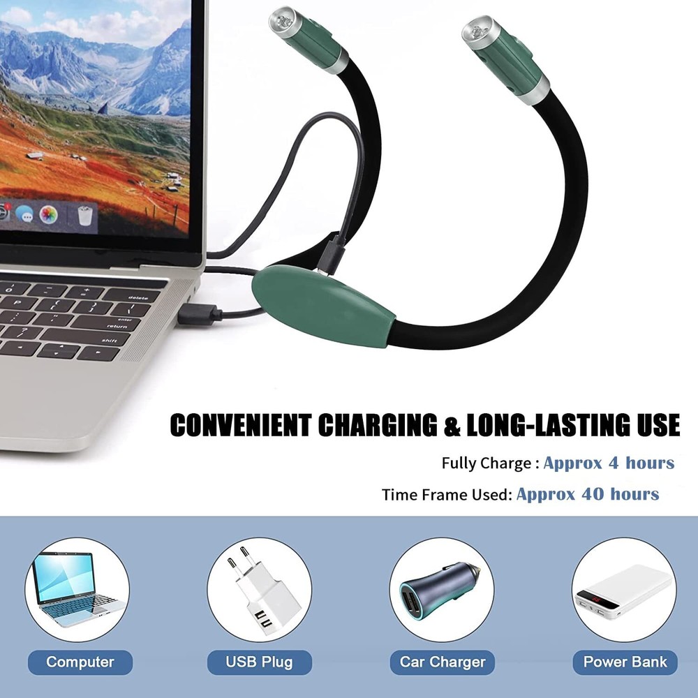 Rechargeable 4 LED Neck Reading Light Adjustable Brightness & Bendable Arms