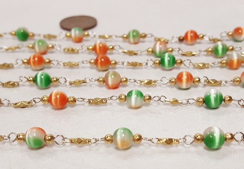 3 FEET VINTAGE GLASS GREEN ORANGE WHITE GIVRE CATS EYE BEADED ROSARY CHAIN 4221