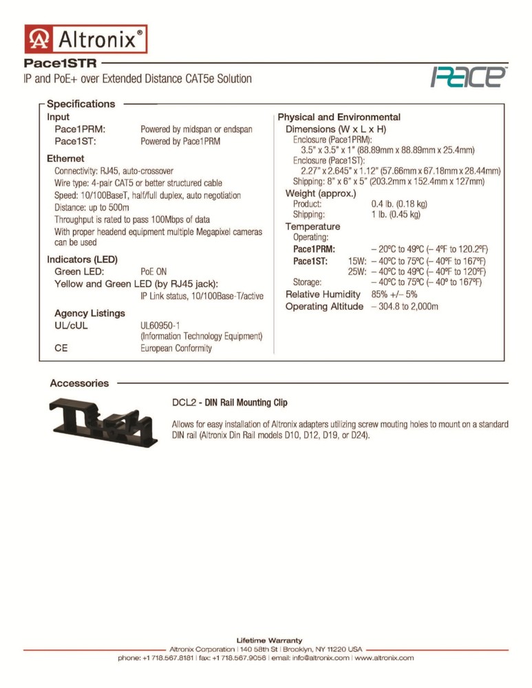 Altronix PACE1STR Long Range Ethernet Adapter Kit 100Mbps POE+