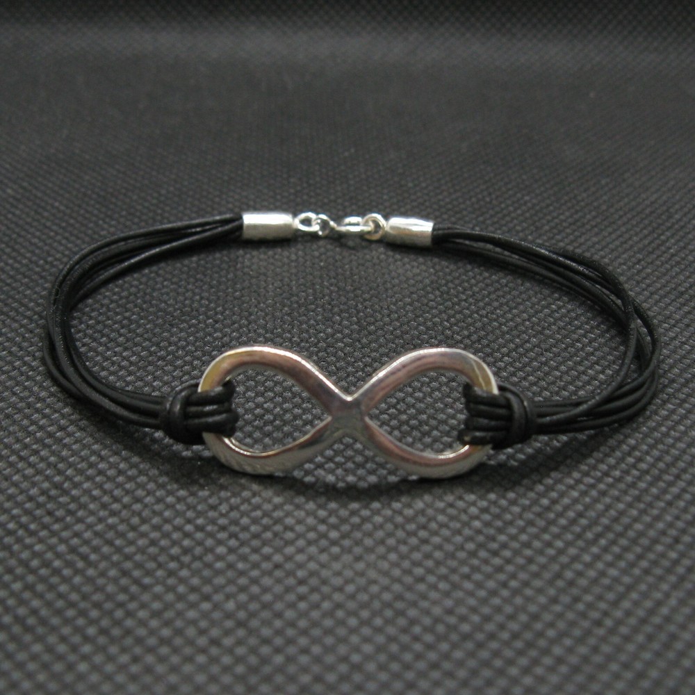 Sterling Silver Bracelet Solid Hallmarked 925 With Natural Leather Infinity