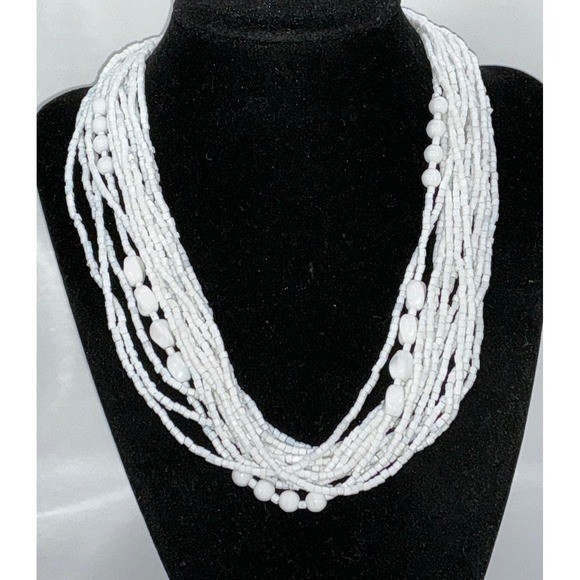 White Layered Bead Necklace Multi Strand Boho Bridal Summer Statement 16"