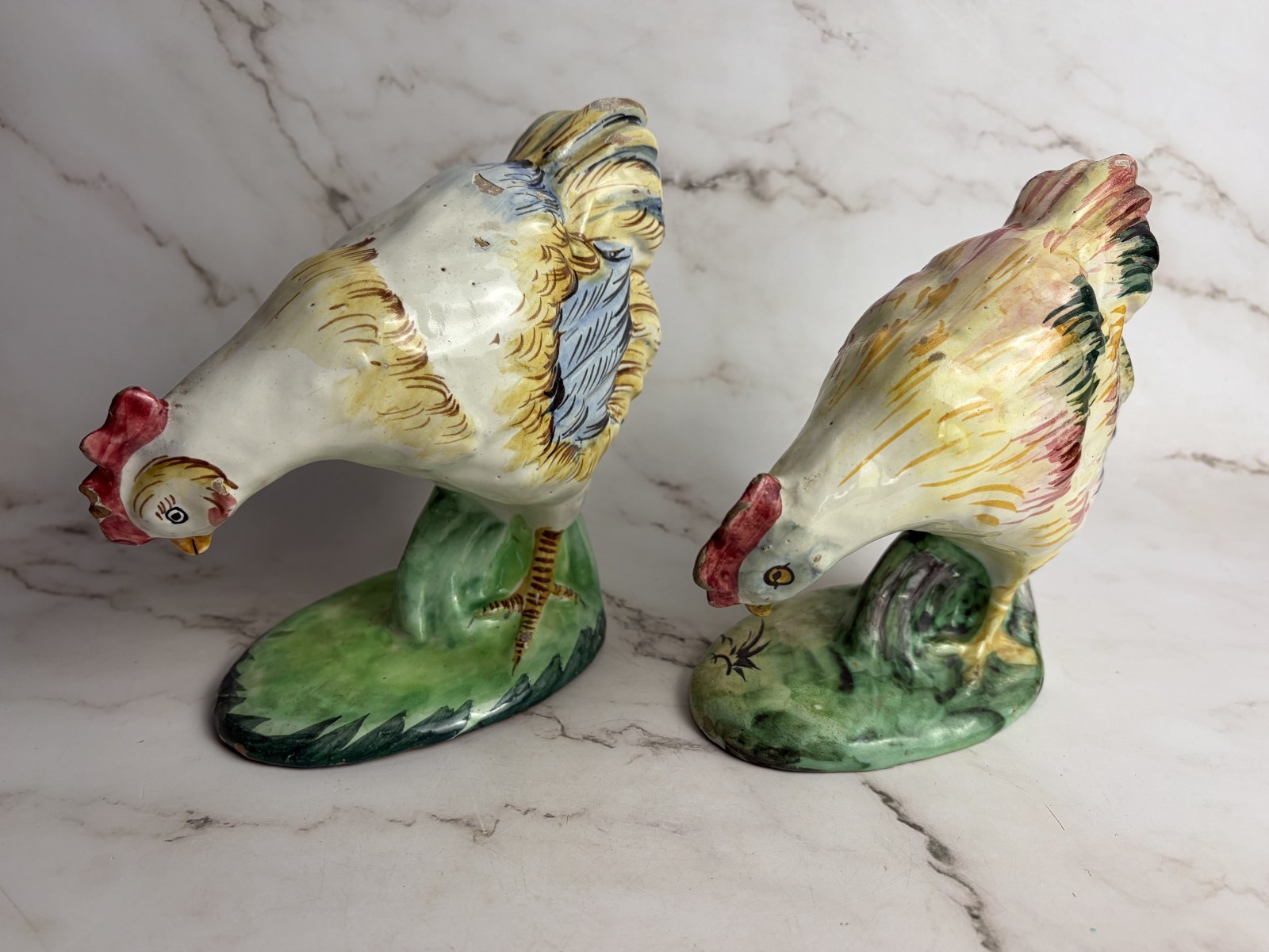 Vintage Italian Majolica Rooster Figurines Hand Painted Chicken Pair Farmhouse