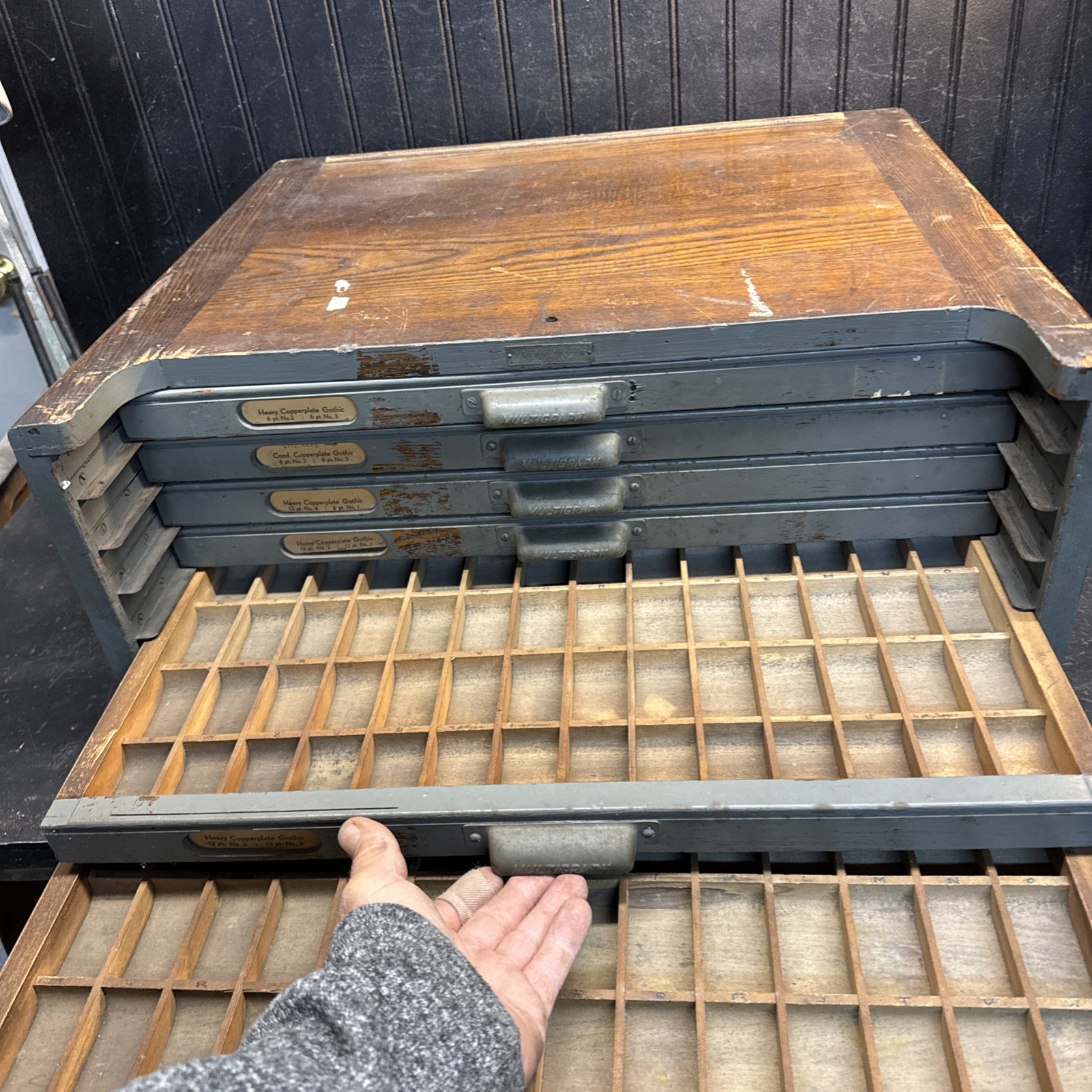 Industrial Oak Multigraph Printers Cabinet w/6 Drawers w/98 box Jewelry box Tool