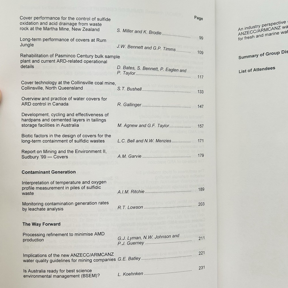 YEAR 2000 ACID MINE DRAINAGE 4th AUSTRALIAN WORKSHOP BOOK.