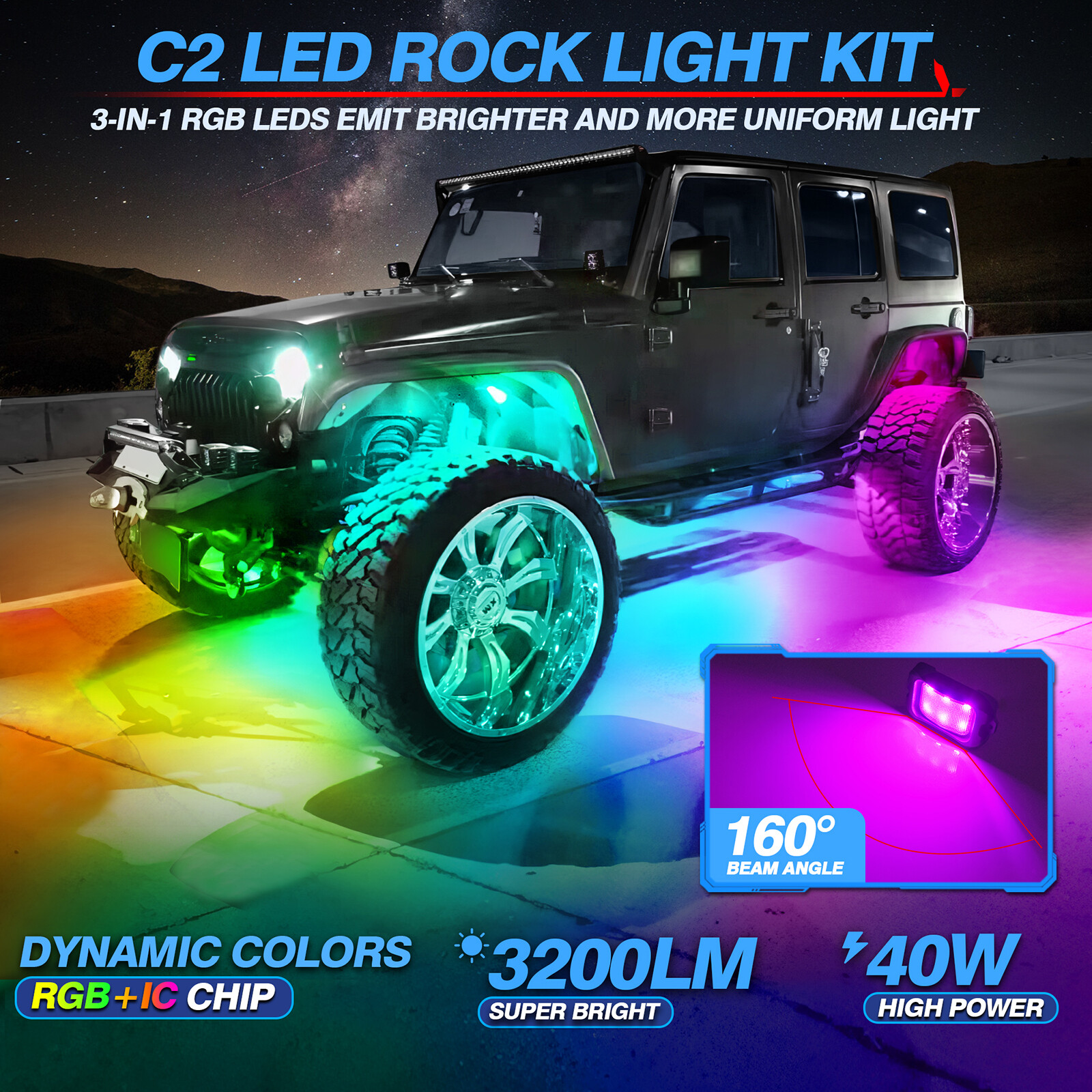 MICTUNING 8 Pods RGB+IC Chasing LED Rock Lights - Underglow Neon Light Kit Truck