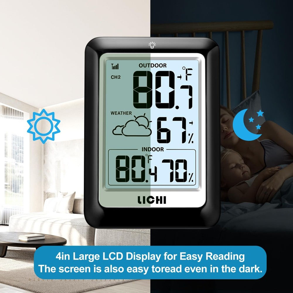 Wireless Indoor Outdoor Thermometer Hygrometer, 330ft Range, Backlight Display