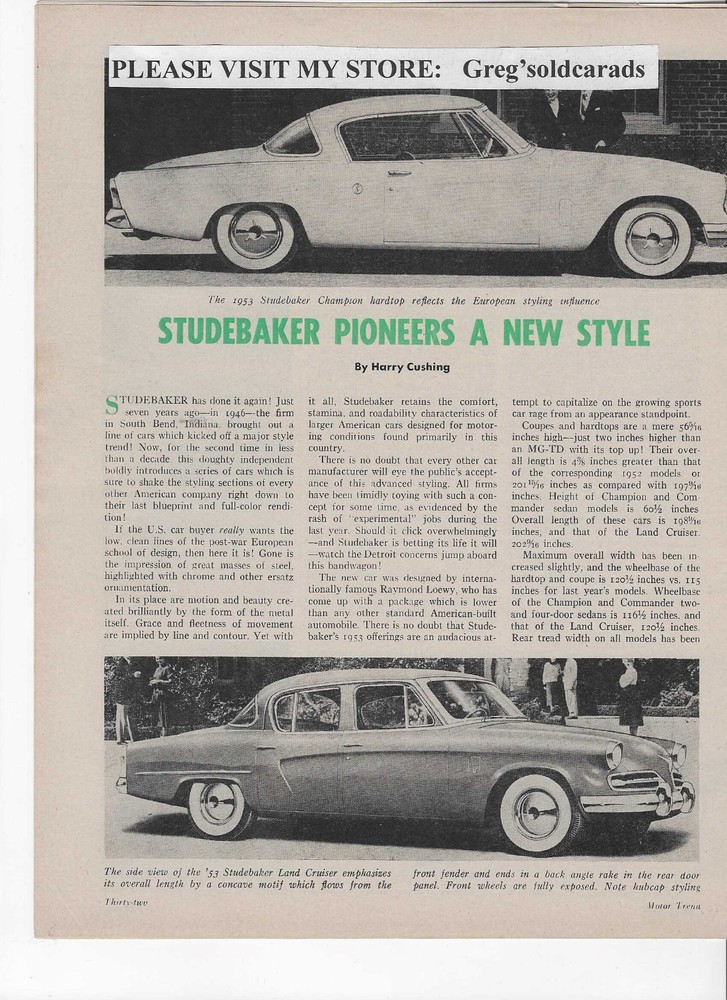 Original 1953 Studebaker  Commander two page  road test, in print ad category