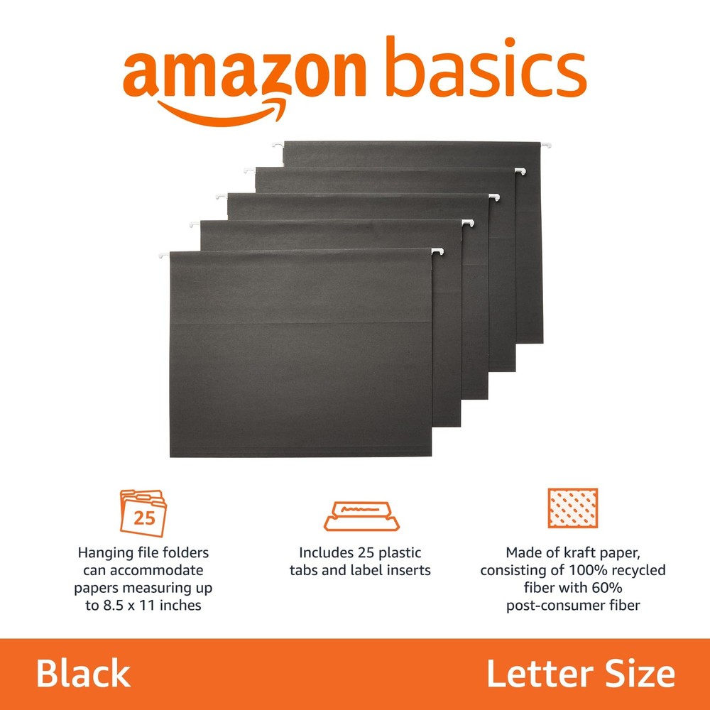 Amazon Basics Hanging File Folders with Adjustable Tabs for Letter, Black