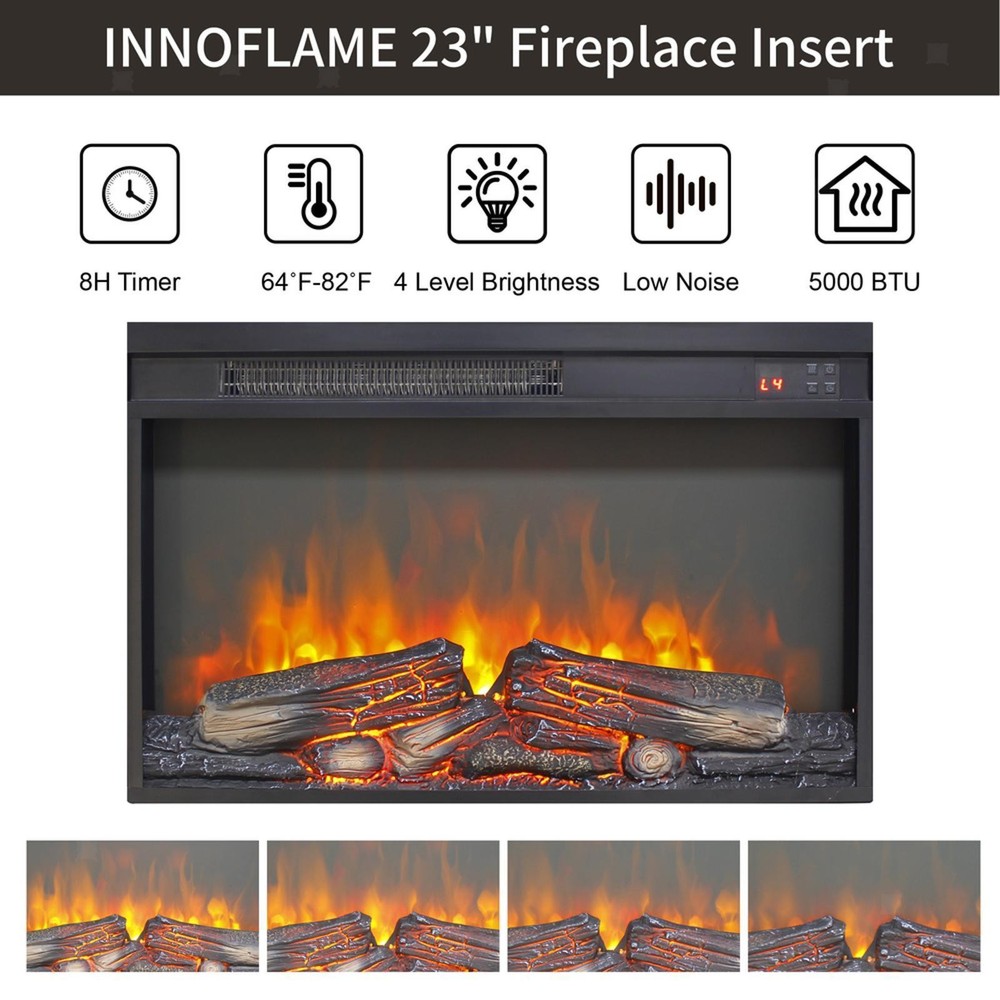 Fireplace Insert with Timer Thin Log Set Antique Black Finish Electric Heater