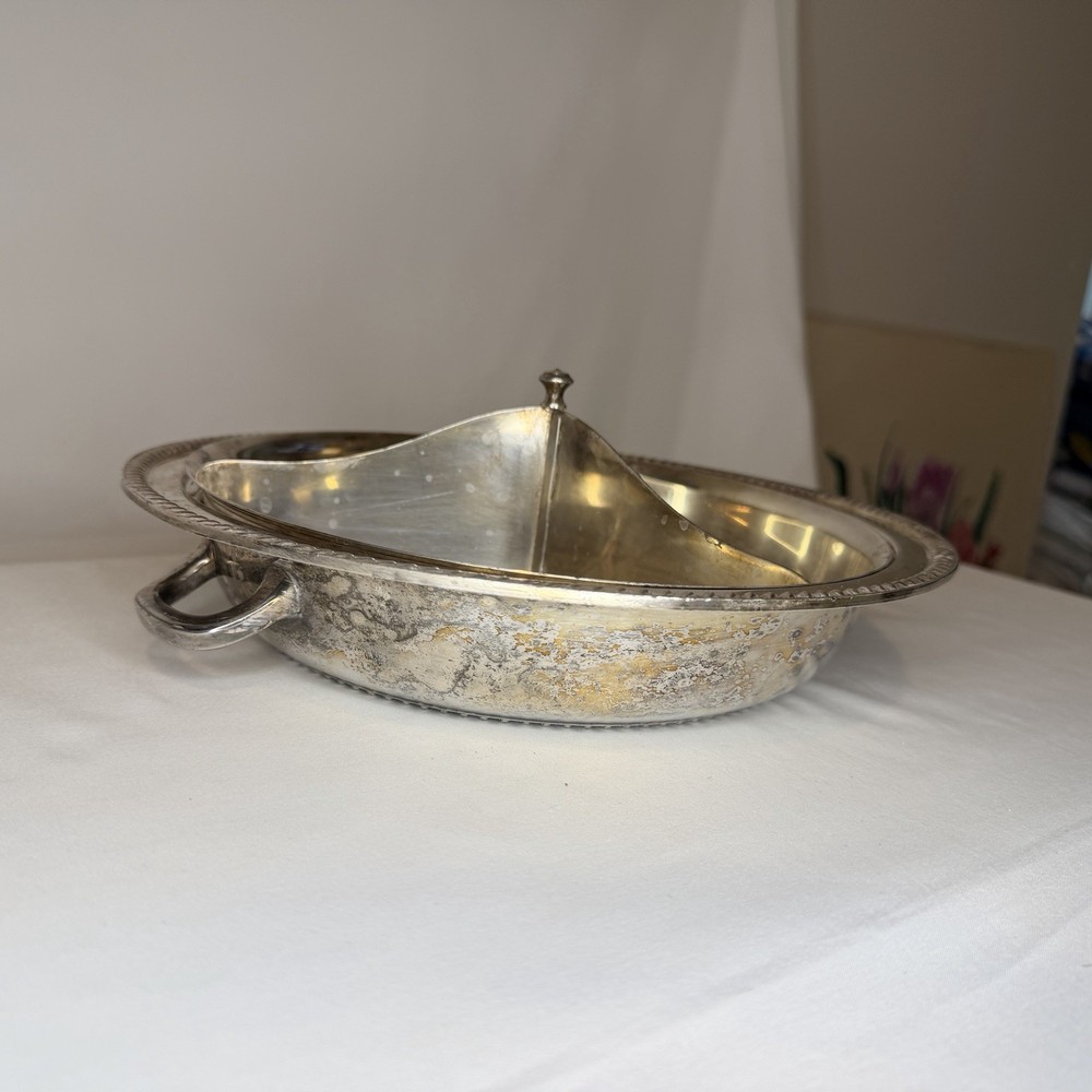 Vintage Silver Plate Divided Two-piece Serving Bowls w/Raised Scroll Edge