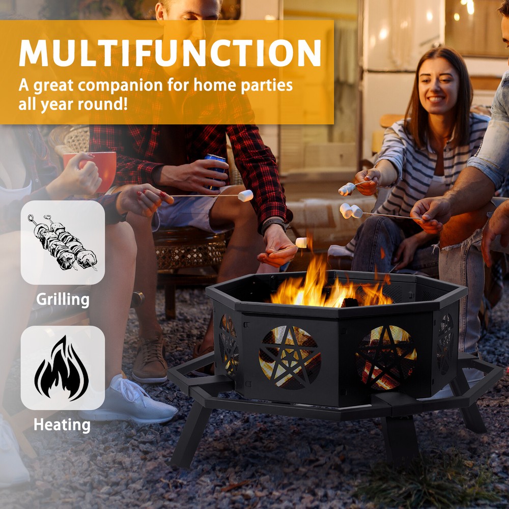 35"Octagonal Fire Pit Outdoor Fire Pit Wood Burning Firepit Bonfire Fire Pit