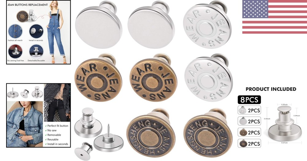 8 Sets Premium Instant Replacement Button Pins - Adjustable - Wide Applications