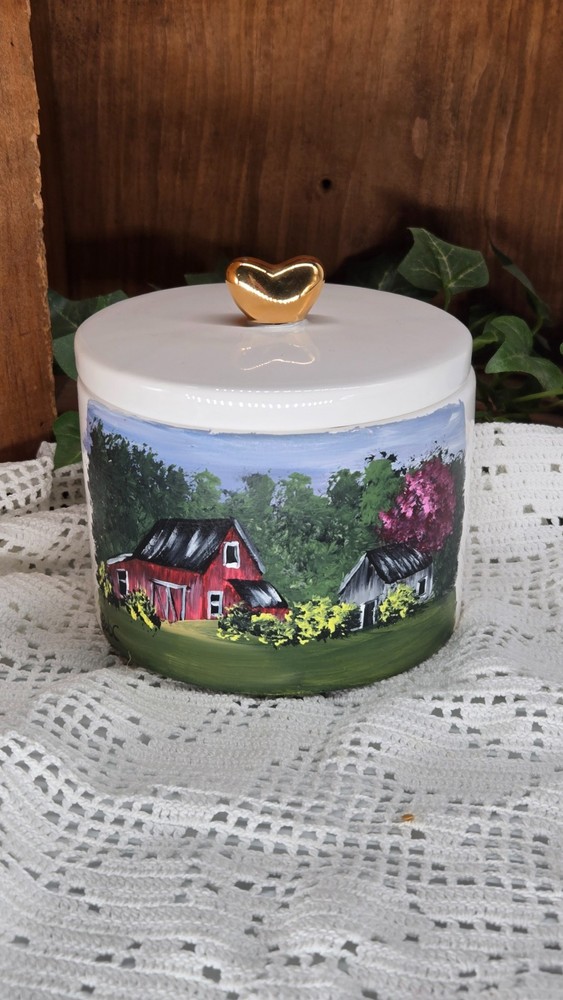 ceramic container w/ summer barns  (26033]hand painted