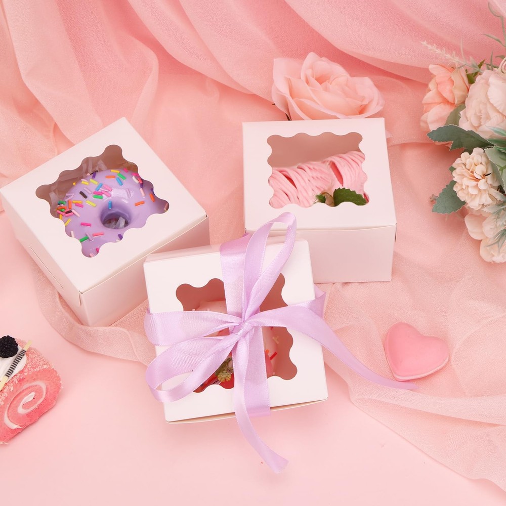 100pcs White Cookie Boxes with Window 4x4x2.5 Inch Small Bakery Bulk for Cake