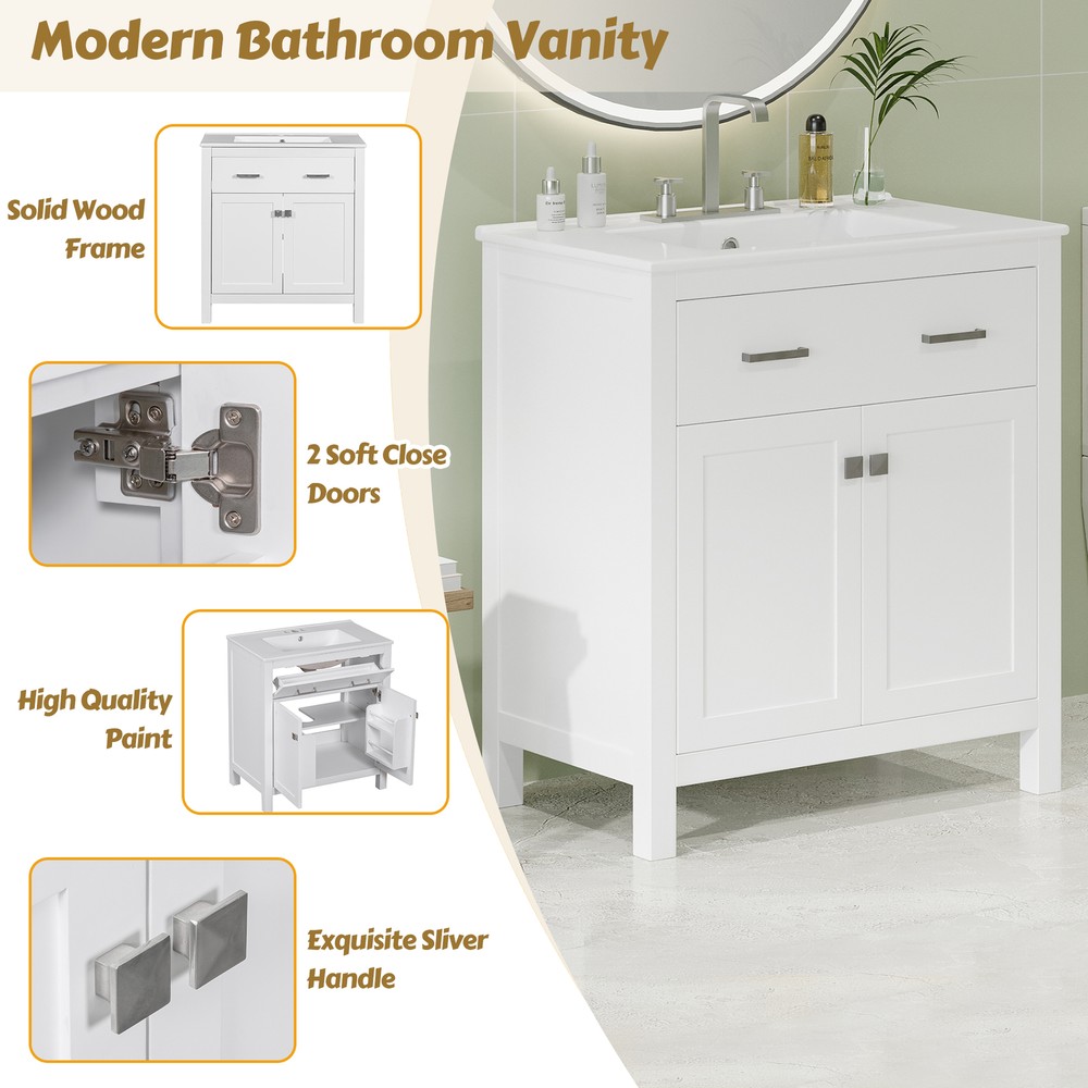 60" Modern Bathroom Vanity Set with Double Vanities，Double Ceramic Sinks White