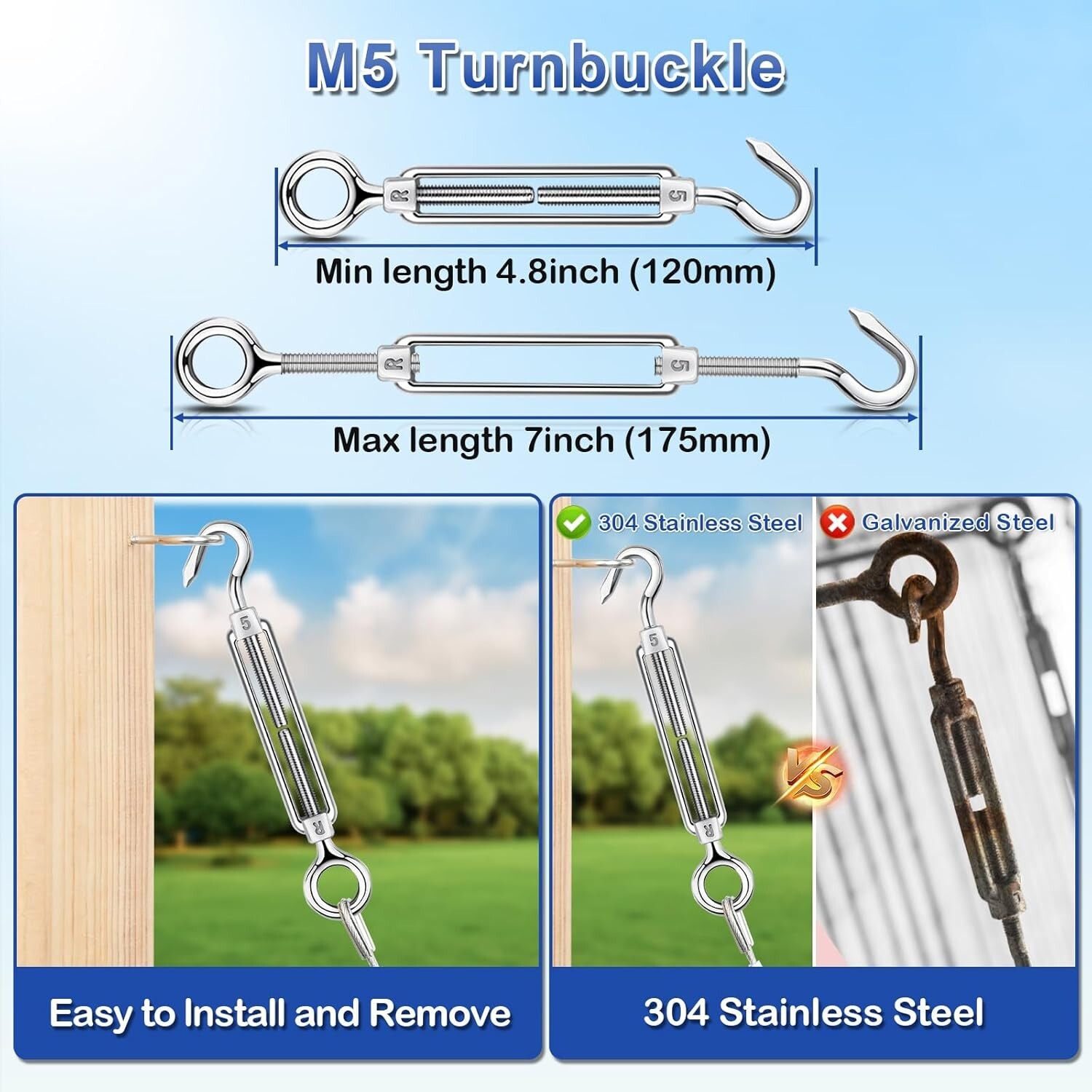 Outdoor Turnbuckle Wire Tensioner Kit 1/16 Vinyl Coated 100Ft Stainless Steel