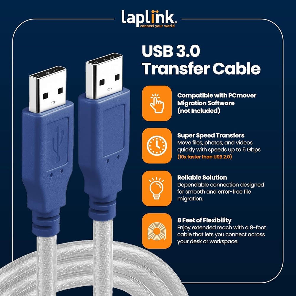 LAPLINK - USB 3.0 Super Speed Transfer Cable - USB Data Transfer Cable PC to PC