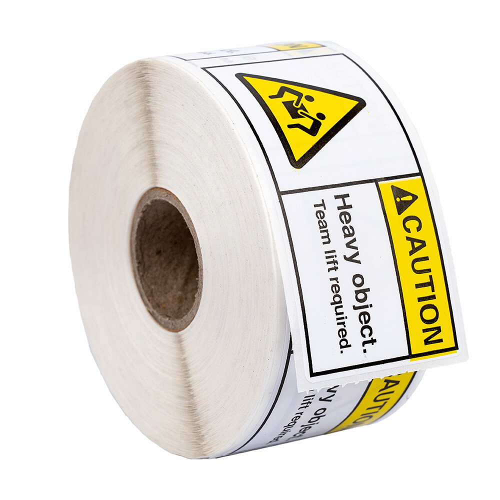 42 rolls 500 labels per roll 3”x1.5” CAUTION HEAVY OBJECT TEAM LIFT REQ. Labels