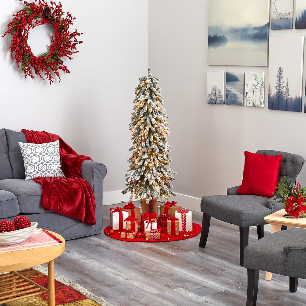 5Ft Flocked Alpine Christmas Tree with 200 Lights & Bendable Branches