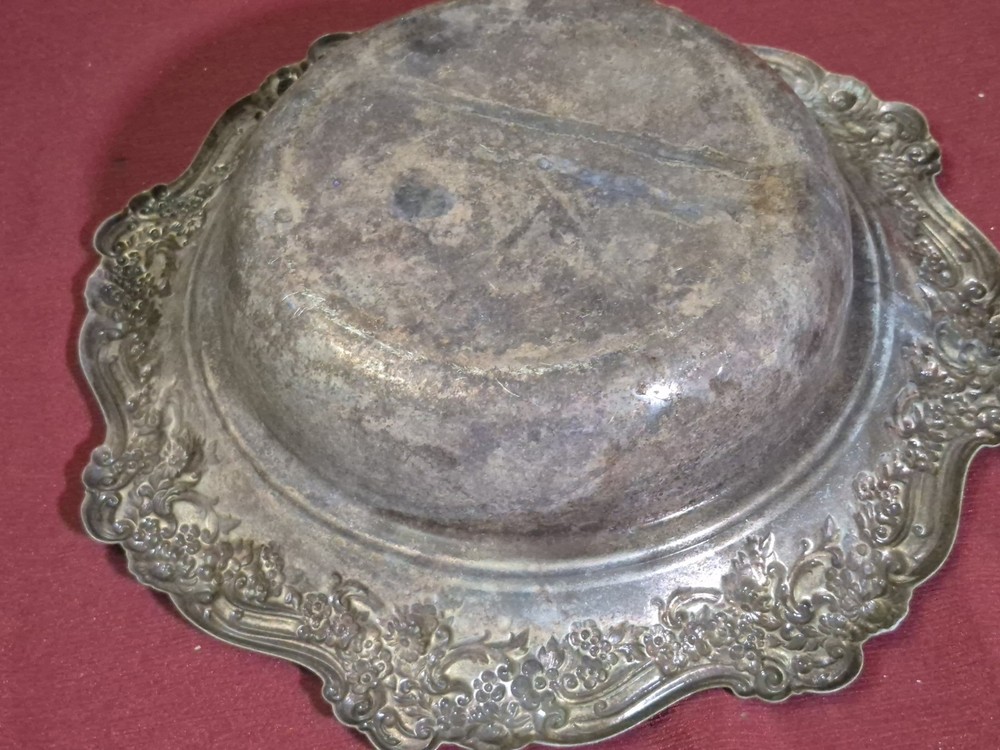 Silver Plate Decorative Serving Bowl With Floral Pattern Distressed